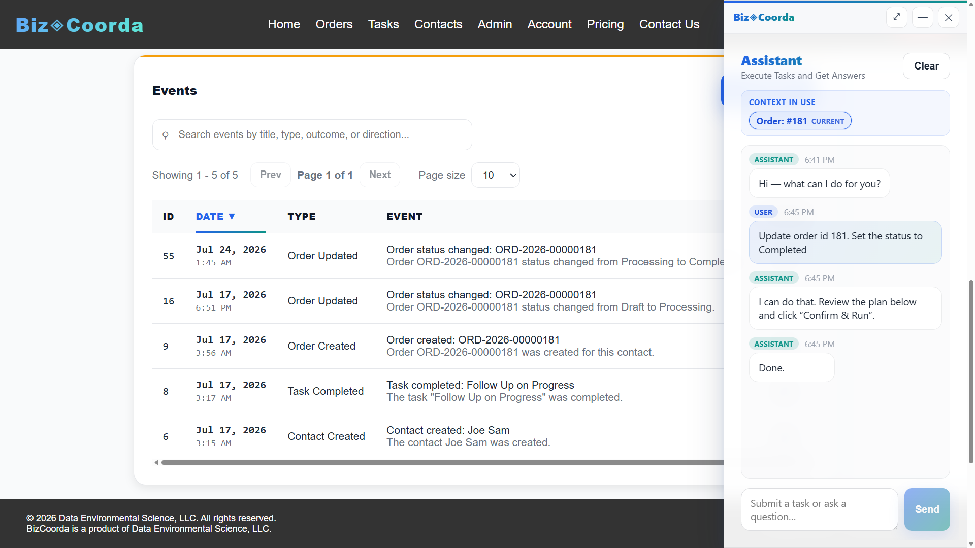 BizCoorda contact management showing a contact created by the AI Business Assistant.